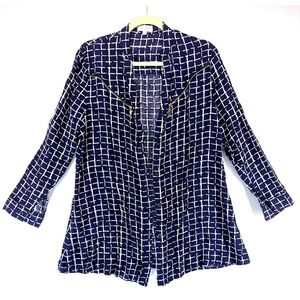Womens Navy Geometric Windowpane Zip Trim Blouse L Boho Swing Contemporary Artsy